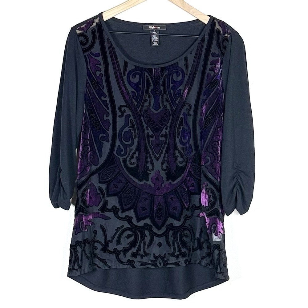 Style & Co Womens Velvet Burnout Top Size M Black Purple Sheer Whimsigoth Witchy